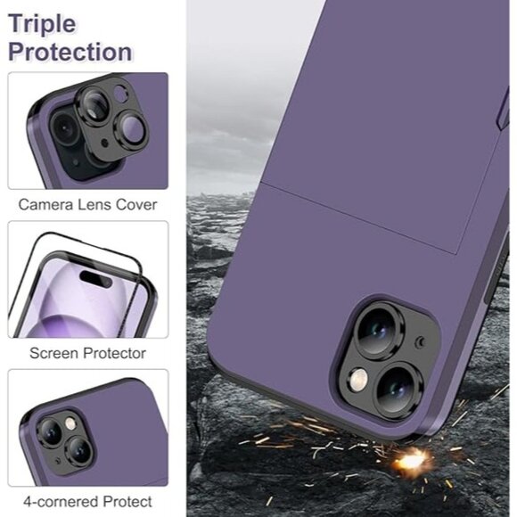 4-in-1 for iPhone 15 Case Wallet with Screen Protector & Camera Cover,Gray Purpl - Picture 2 of 4